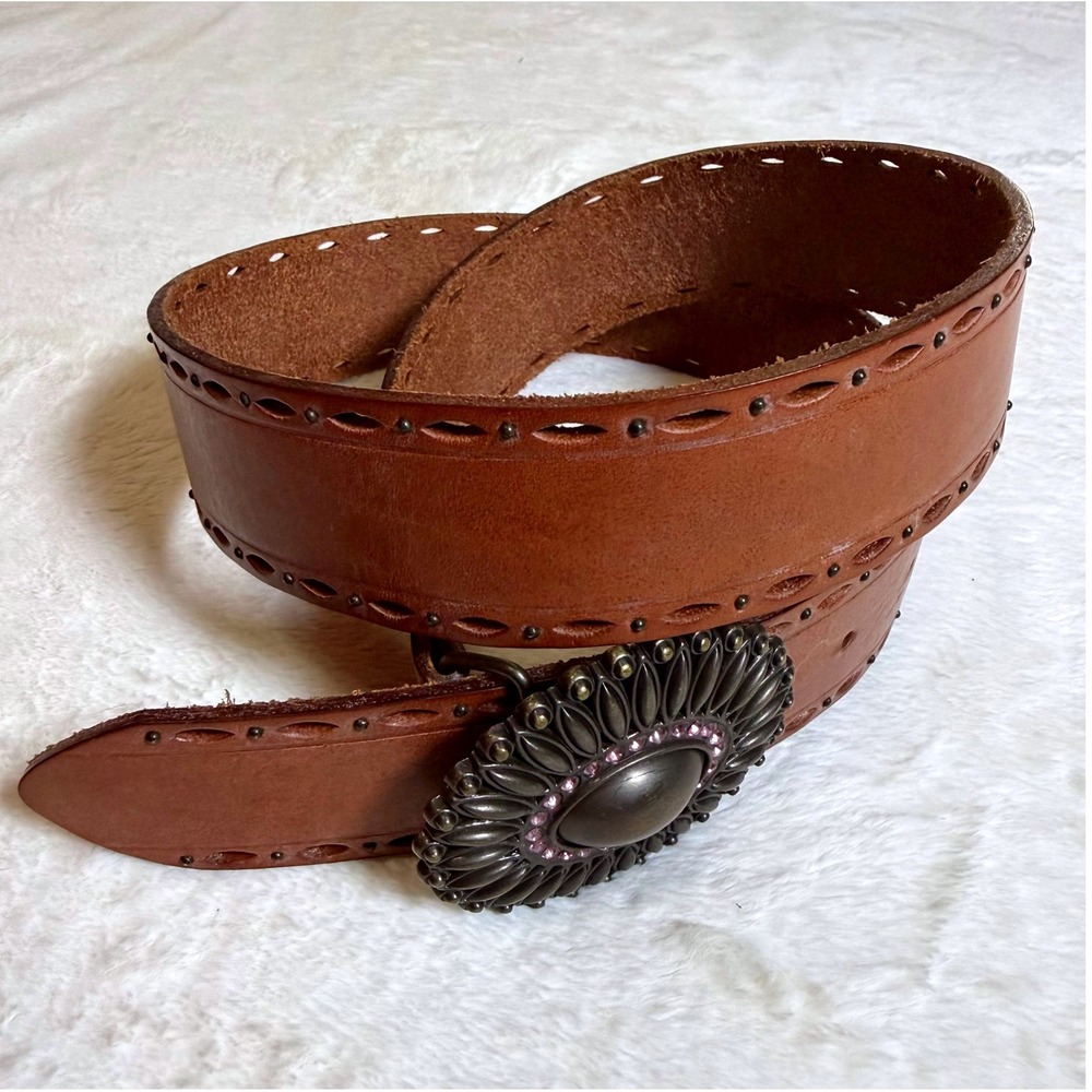 Fossil Leather Belt Womens Small Tan Brown Boho Sunflower Buckle BT2849 231 - Picture 2 of 8